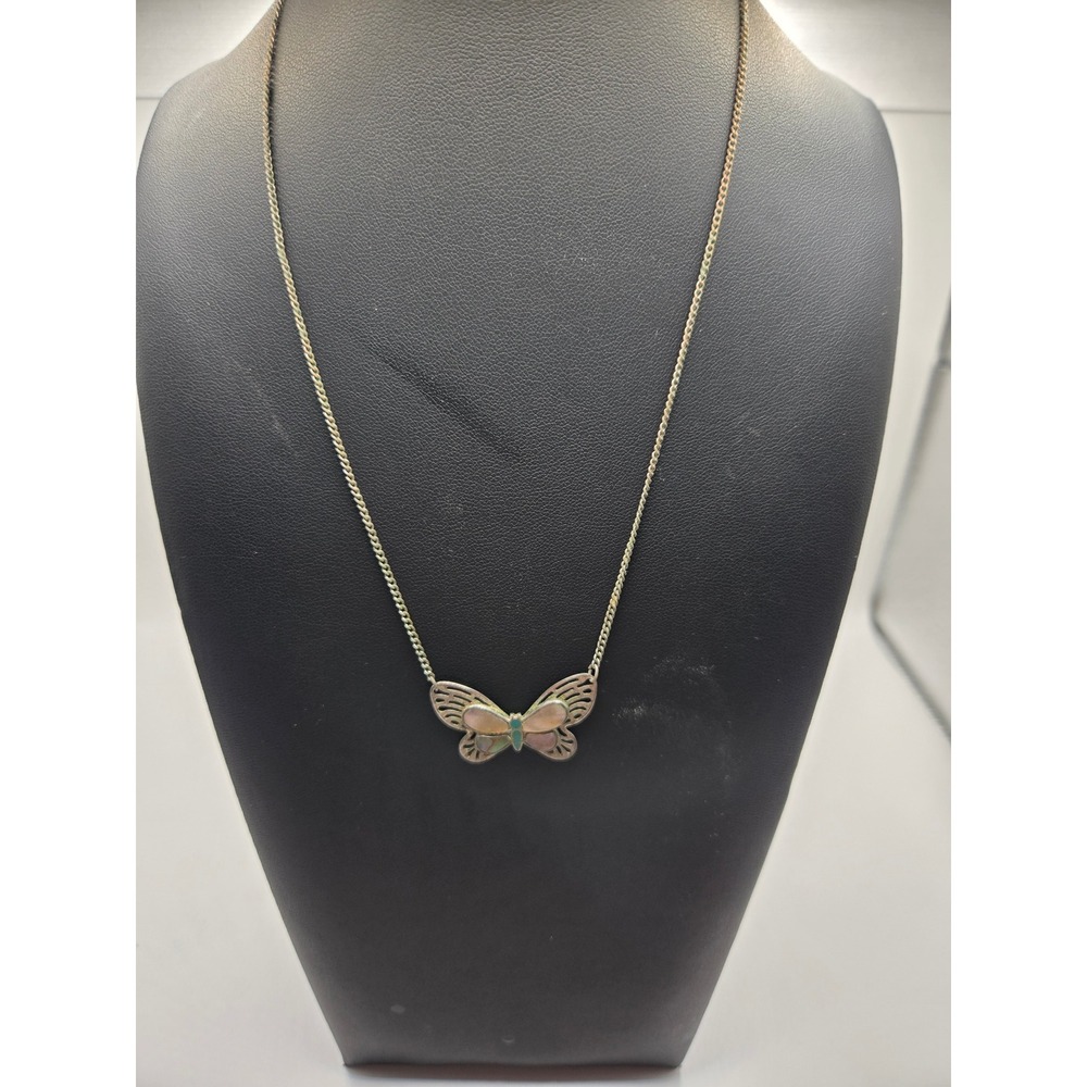 Vintage Sterling Silver Mother of Pearl Butterfly Pendant Necklace Turquoise 16"